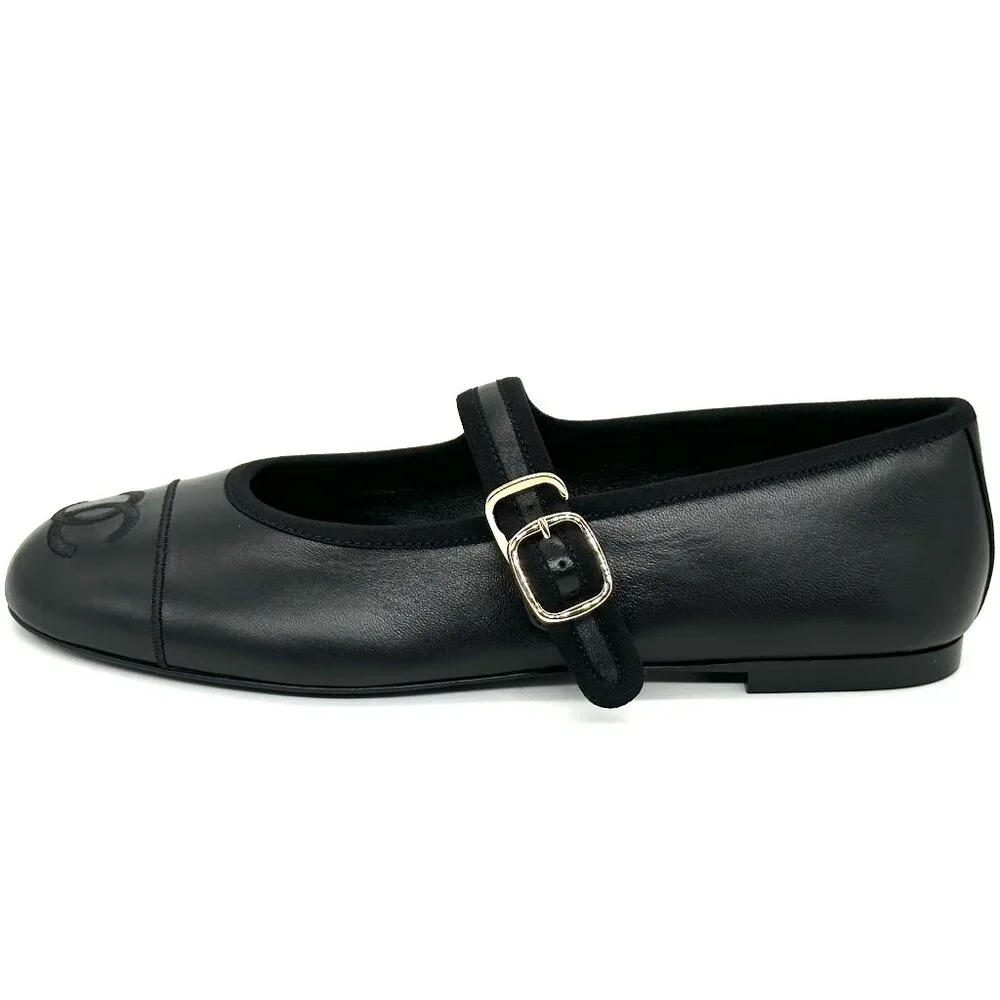 CHANEL REV CC Logo Leather Mary Jane Ankle Strap Flat Ballerina Shoes Black - Picture 2 of 15